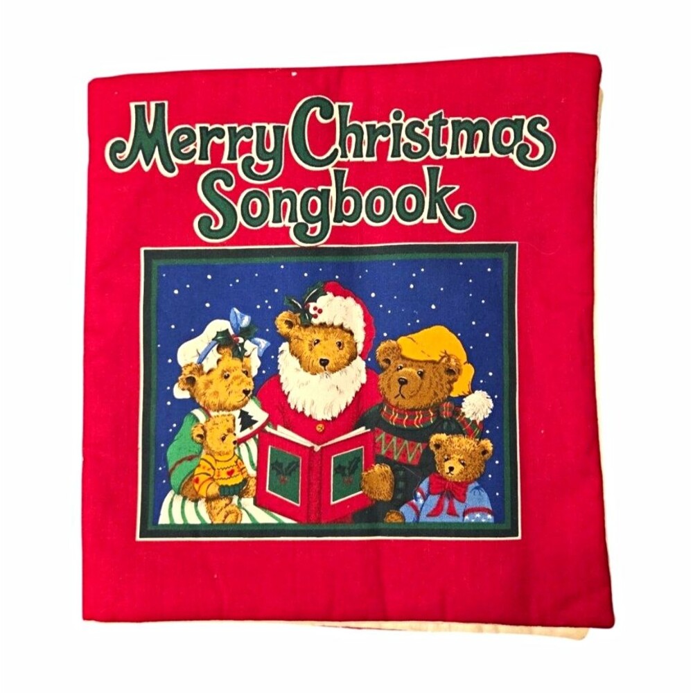 Vintag Christmas Soft Cloth Baby Songbook Book, Teddy Bear Design, Red